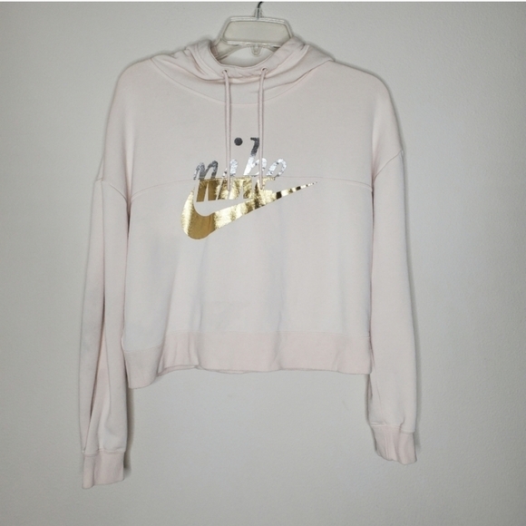 Nike Rally Pink Metallic Swoosh Graphic Logo Crop Pullover Hooded Sweatshirt - Picture 4 of 9